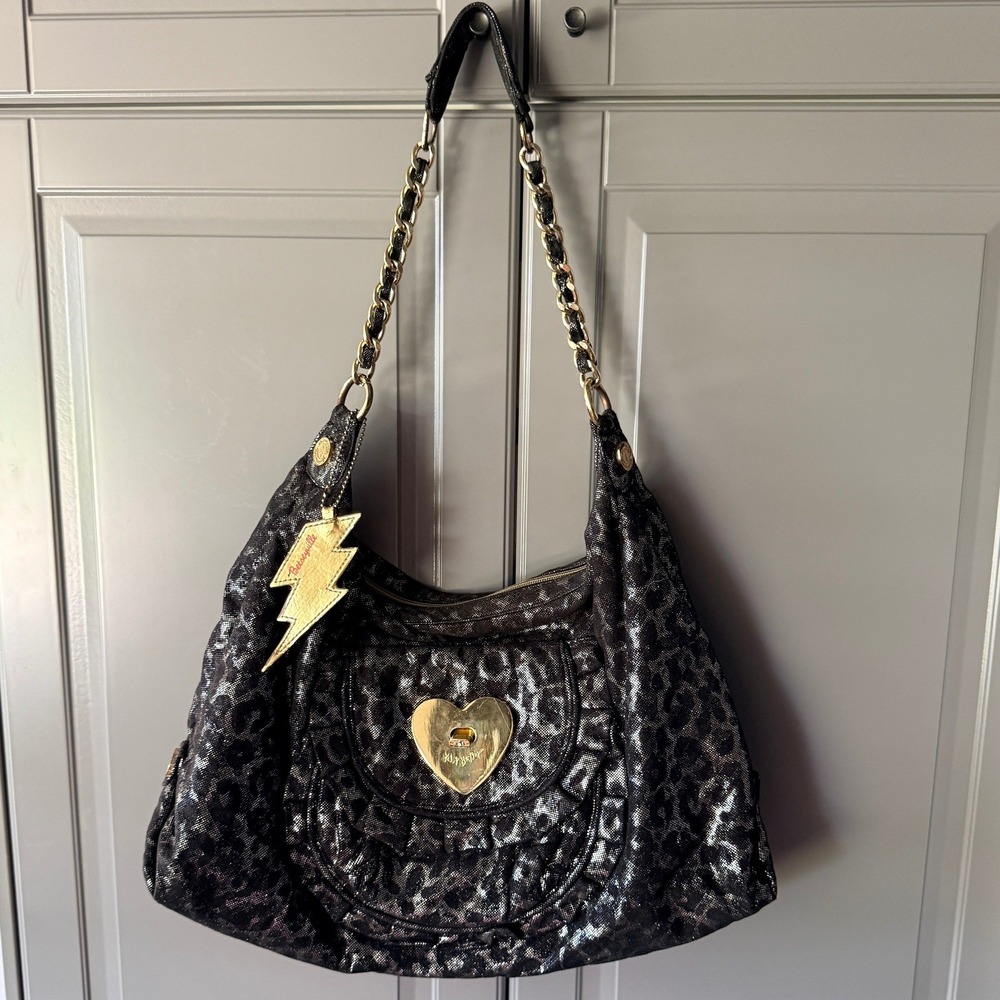 Betseyville Y2K Punk Iridescent Black Metallic Leopard Gold Heart Hobo Bag,Large